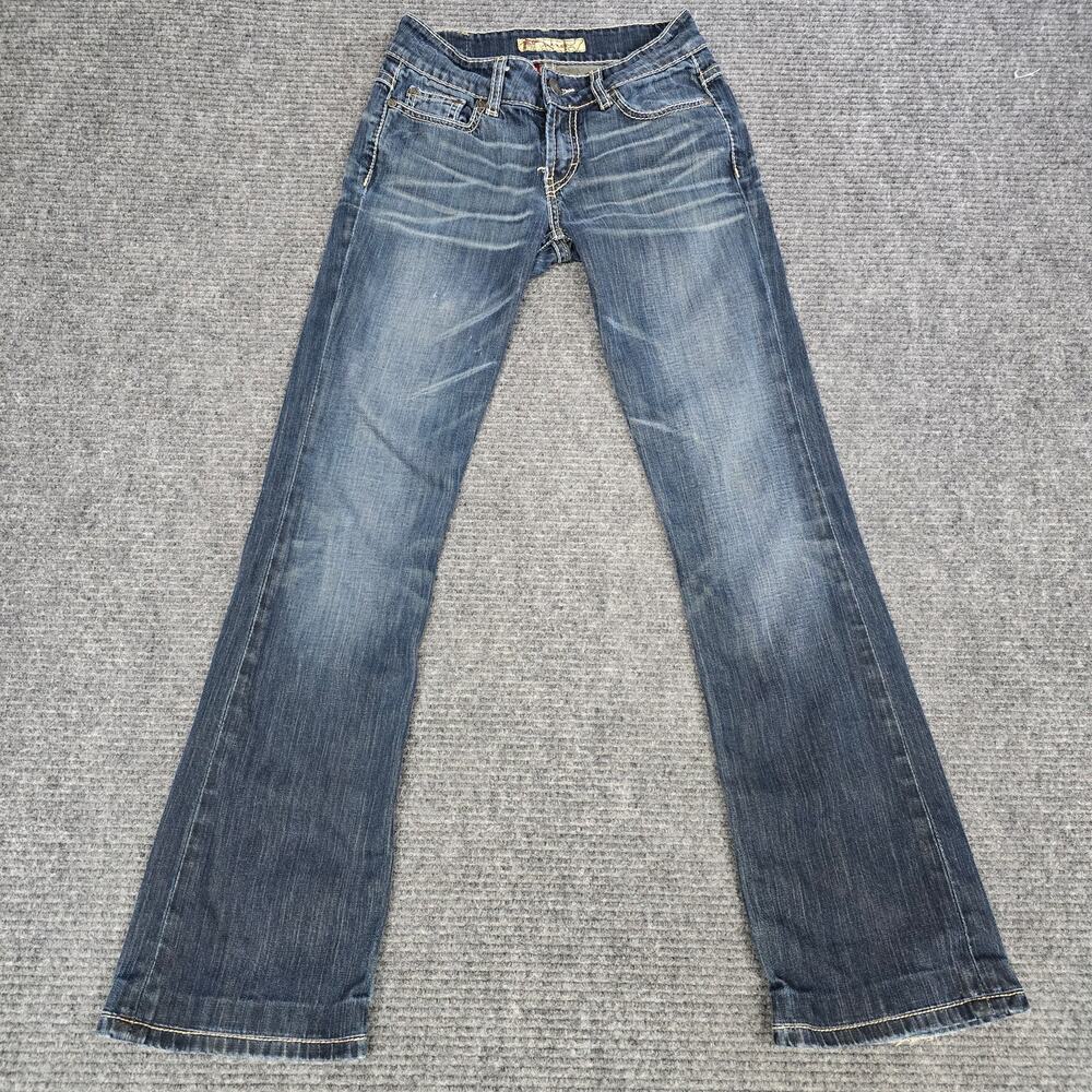 BKE Culture Jeans Womens 26x32 Blue Bootcut Low Rise Thick Stitch Y2K Pro Hemmed